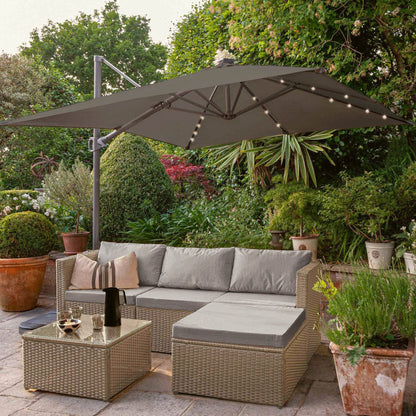 Weston 4 Seater Rattan Corner Sofa Set with Grey LED Premium Parasol - Natural Weave