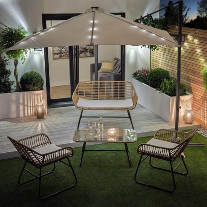 Wick rattan sofa set with cream LED premium parasol - natural - Laura James