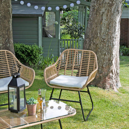 Wick rattan sofa set with cream LED premium parasol - natural - Laura James