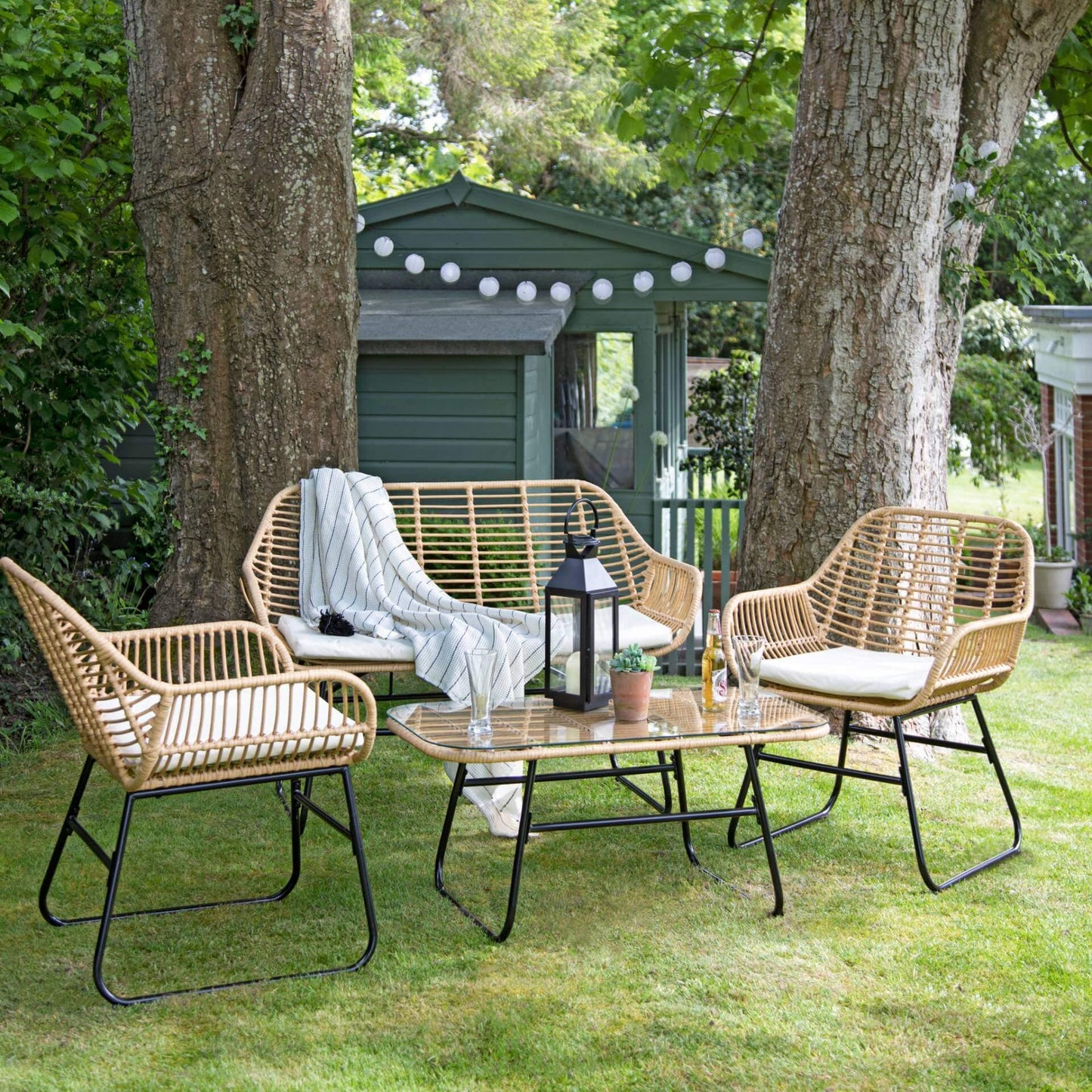 Wick rattan sofa set with cream LED premium parasol - natural - Laura James