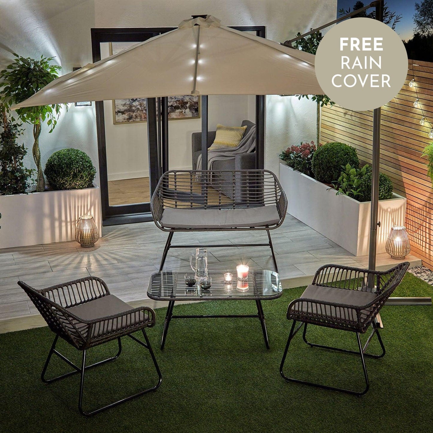 Wick rattan sofa set with cream LED premium parasol - dark grey - Laura James