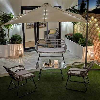 Wick rattan sofa set with cream LED premium parasol - light grey - Laura James