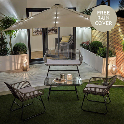 Wick rattan sofa set with cream LED premium parasol - light grey - Laura James