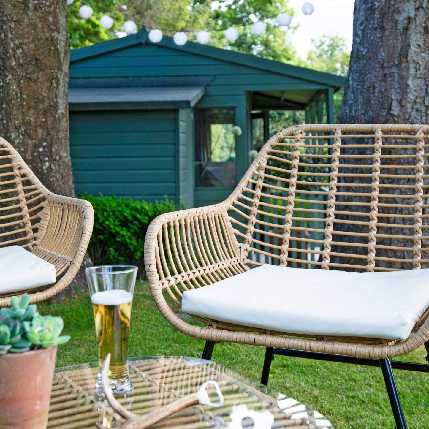 Wick rattan sofa set with cream parasol - natural - Laura James