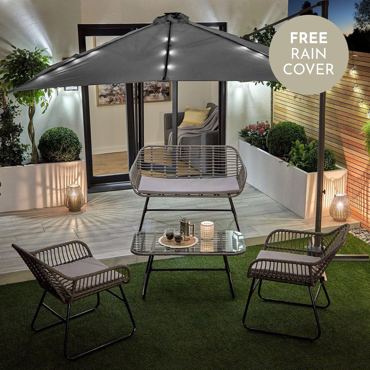 Wick rattan sofa set with grey LED premium parasol - light grey - Laura James