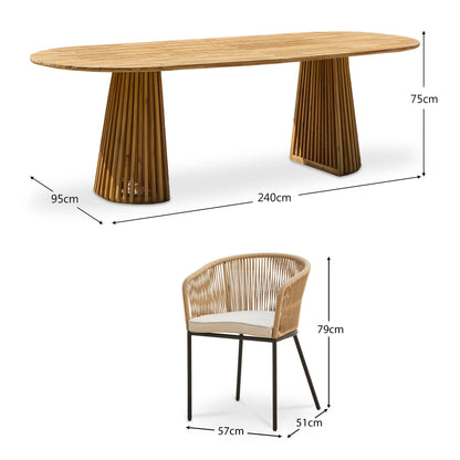 Willow 6 Seater Wooden Garden Dining Set with 6 Hali Natural Rope Chairs - Laura James 