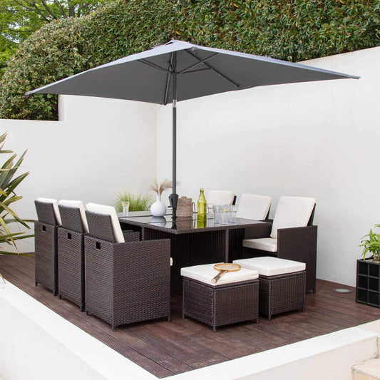 10 Seat Rattan Cube Outdoor Dining Set with LED Premium Parasol  - Mixed Brown