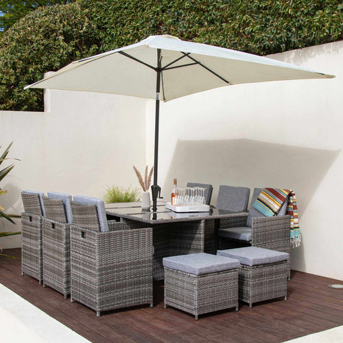 10 Seater Rattan Cube Outdoor Dining Set with Parasol - Grey Weave