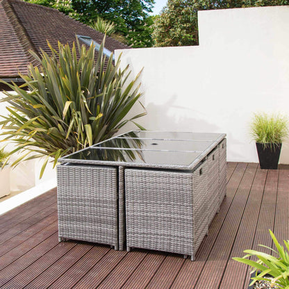 10 Seat Rattan Cube Outdoor Dining Set with LED Premium Parasol - Grey Weave - Laura James