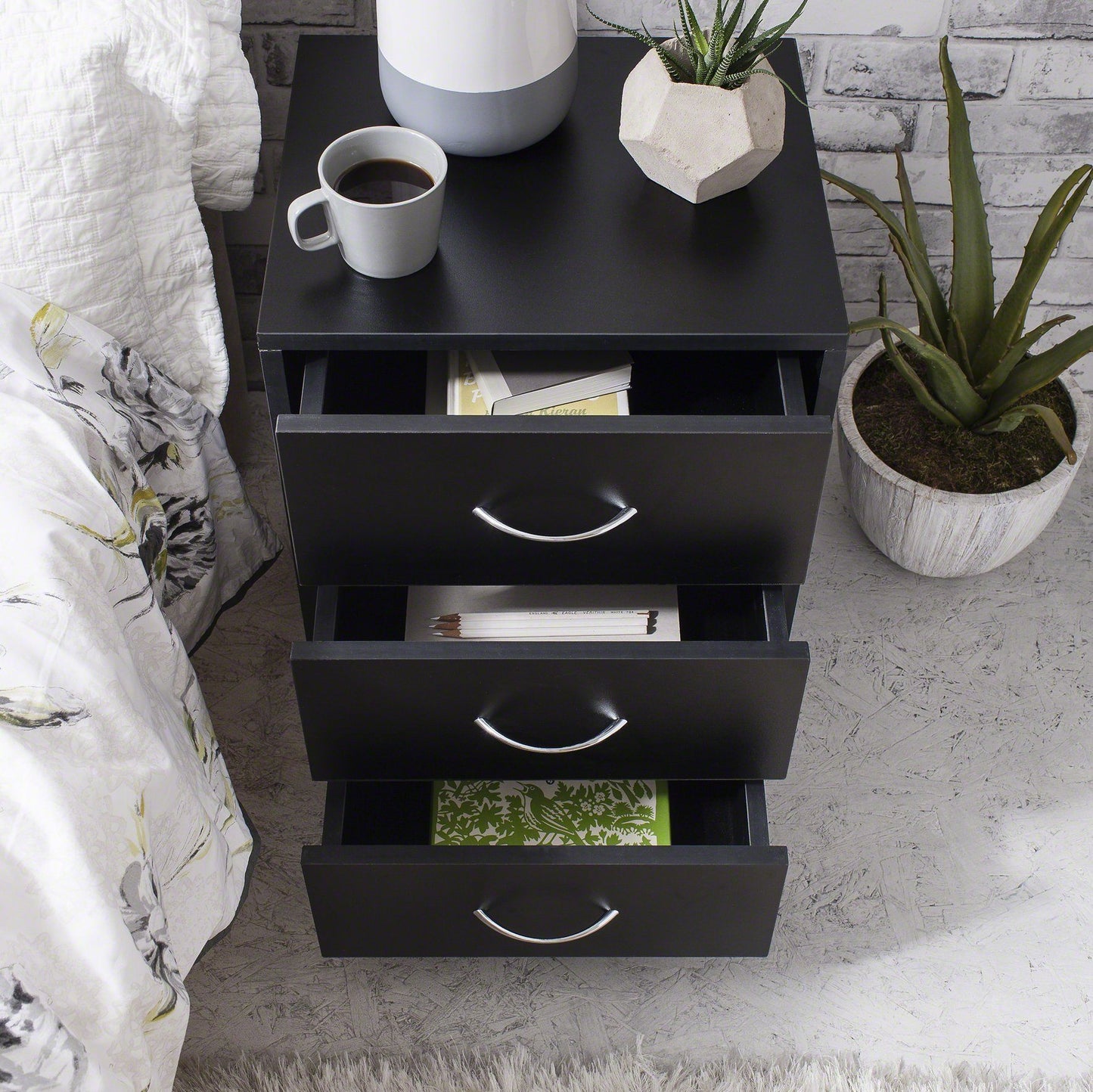 Black Bedside Tables Cabinet - 3 Drawers - Laura James