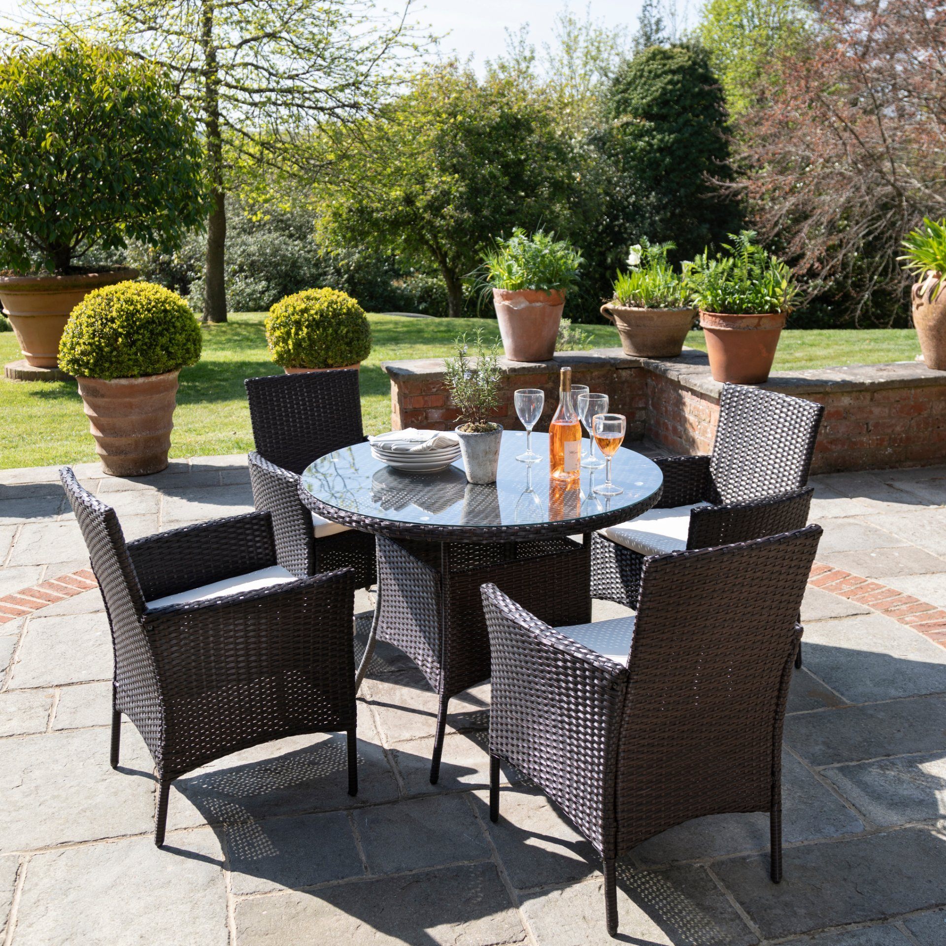 4 Seater Rattan Round Dining Set with Parasol - Rattan Garden Furniture - Brown - In Stock Date - 30th June 2020 - Laura James