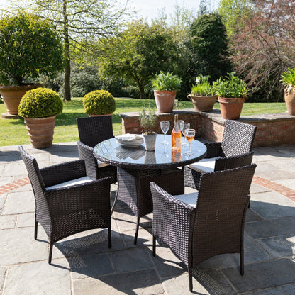 4 Seater Rattan Round Dining Set with Parasol - Brown - Rattan Garden Furniture - In Stock Date - 30th June 2020 - Laura James