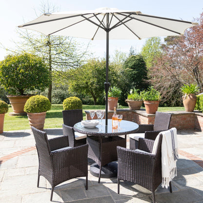 4 Seater Rattan Round Dining Set with Parasol - Rattan Garden Furniture - Brown - In Stock Date - 30th June 2020 - Laura James