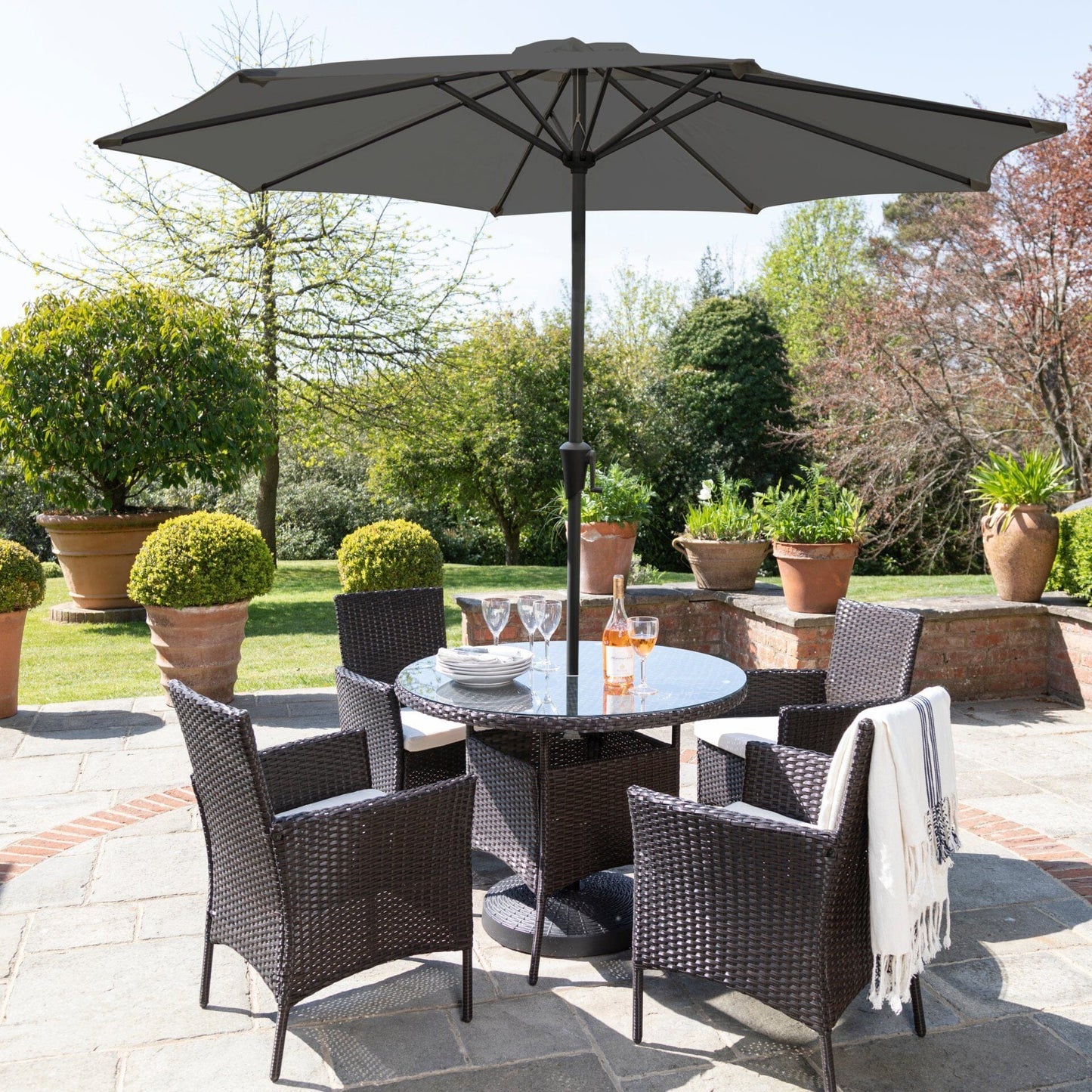 4 Seater Rattan Round Dining Set with Parasol - Brown - Rattan Garden Furniture - In Stock Date - 30th June 2020 - Laura James