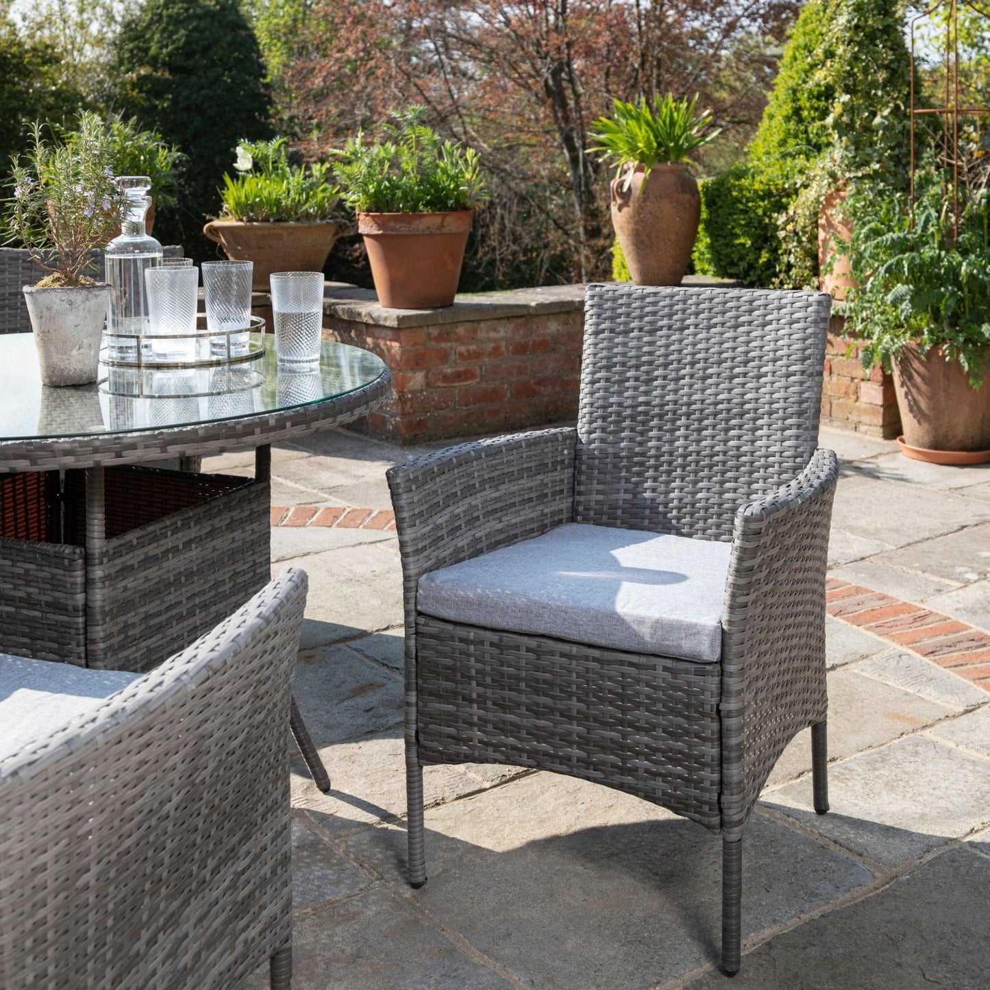 4 Seater Rattan Round Dining Set with Parasol - Grey - In Stock Date - 30th June 2020 - Laura James