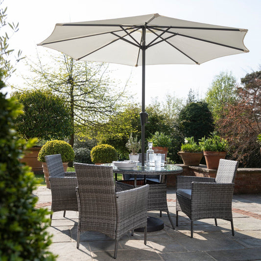 4 Seater Rattan Round Dining Set with Parasol - Grey - In Stock Date - 30th June 2020 - Laura James