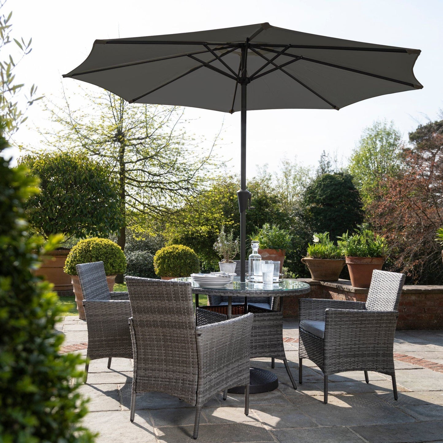 Kemble 4 Seater Rattan Round Dining Set in Grey with Parasol - Laura James