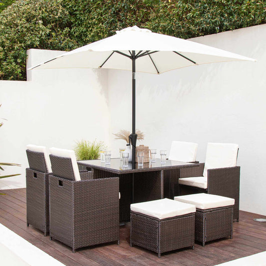 8 Seater Rattan Cube Outdoor Dining Set with Parasol - Mixed Brown Weave - Laura James