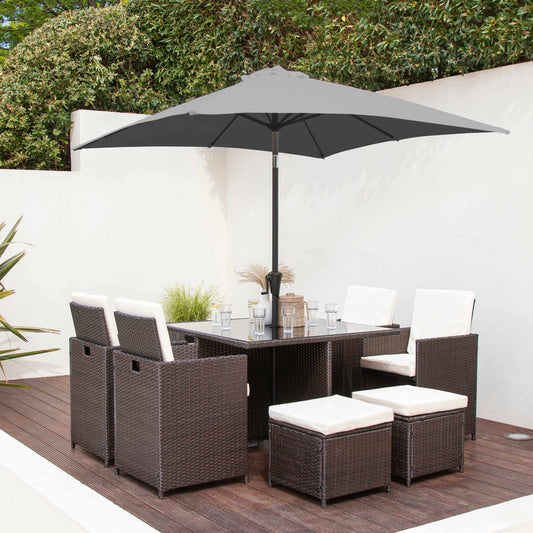 8 Seater Rattan Cube Outdoor Dining Set with Parasol - Mixed Brown Weave - Laura James