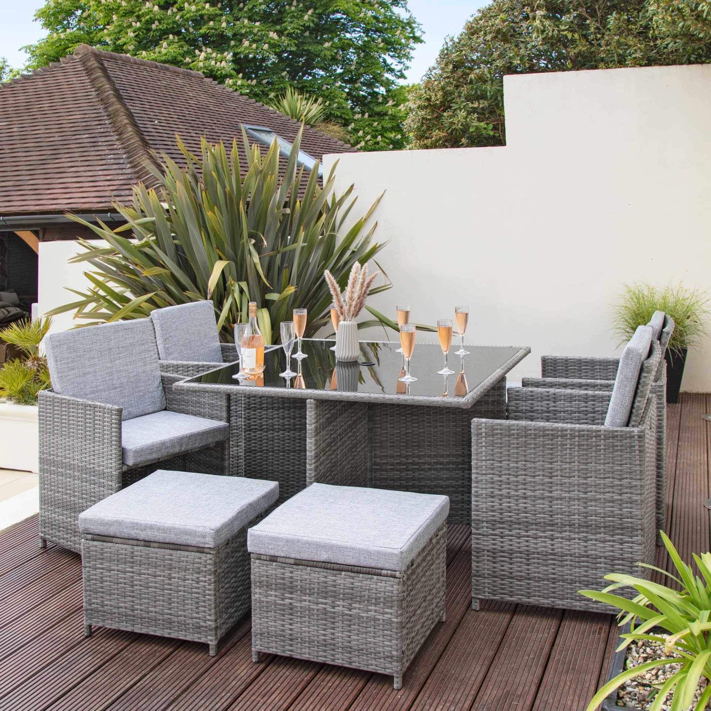 8 Seat Rattan Cube Outdoor Dining Set with Grey LED Premium Parasol - Grey Weave with Cream Cushion