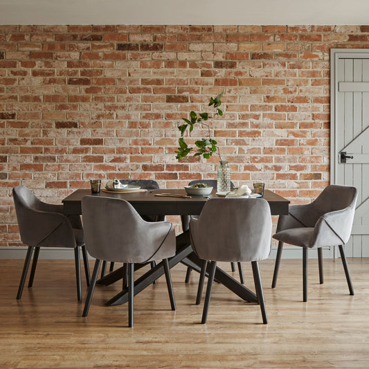 Amelia Black Extendable Dining Table Set - 6 Seater - Freya Grey Carver Chairs With Black Legs
