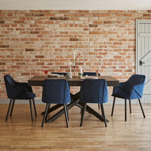 Amelia Black Extendable Dining Table Set - 6 Seater - Freya Blue Carver Chairs With Black Legs