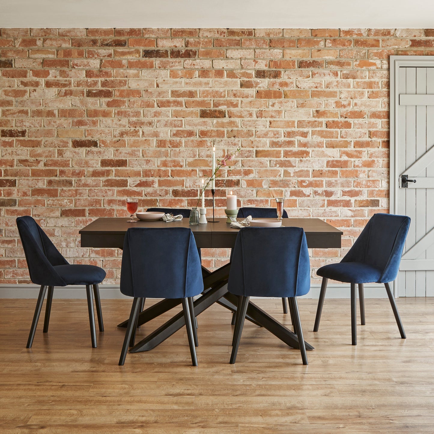 Amelia Extendable Black Dining Table Set - 6 Seater - Freya Blue Dining Chairs With Black Legs