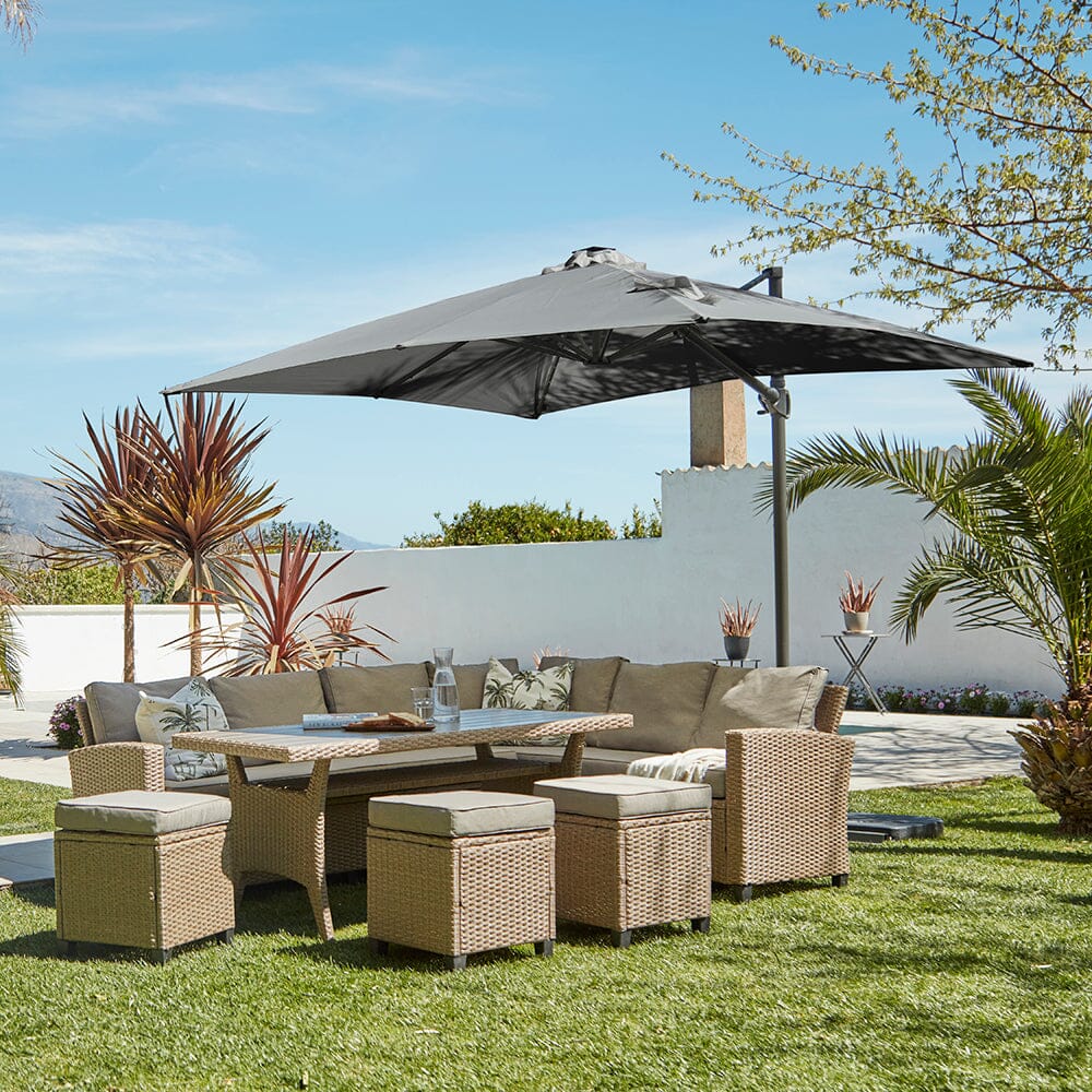 Aston rattan Corner Sofa Set premium grey LED parasol - 9 seater - natural brown - polywood table top