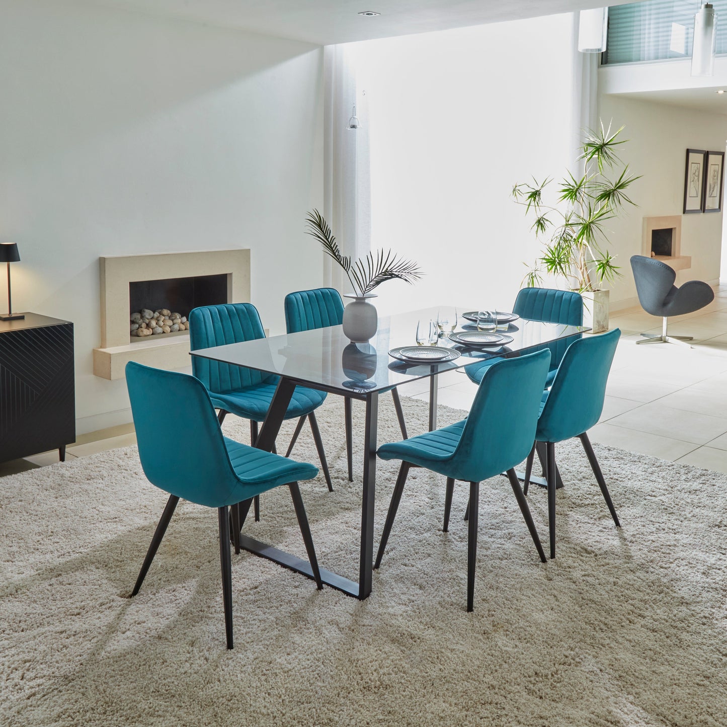 Atlas Glass Dining Table -  6 seater -  Bella Teal and Black Chairs