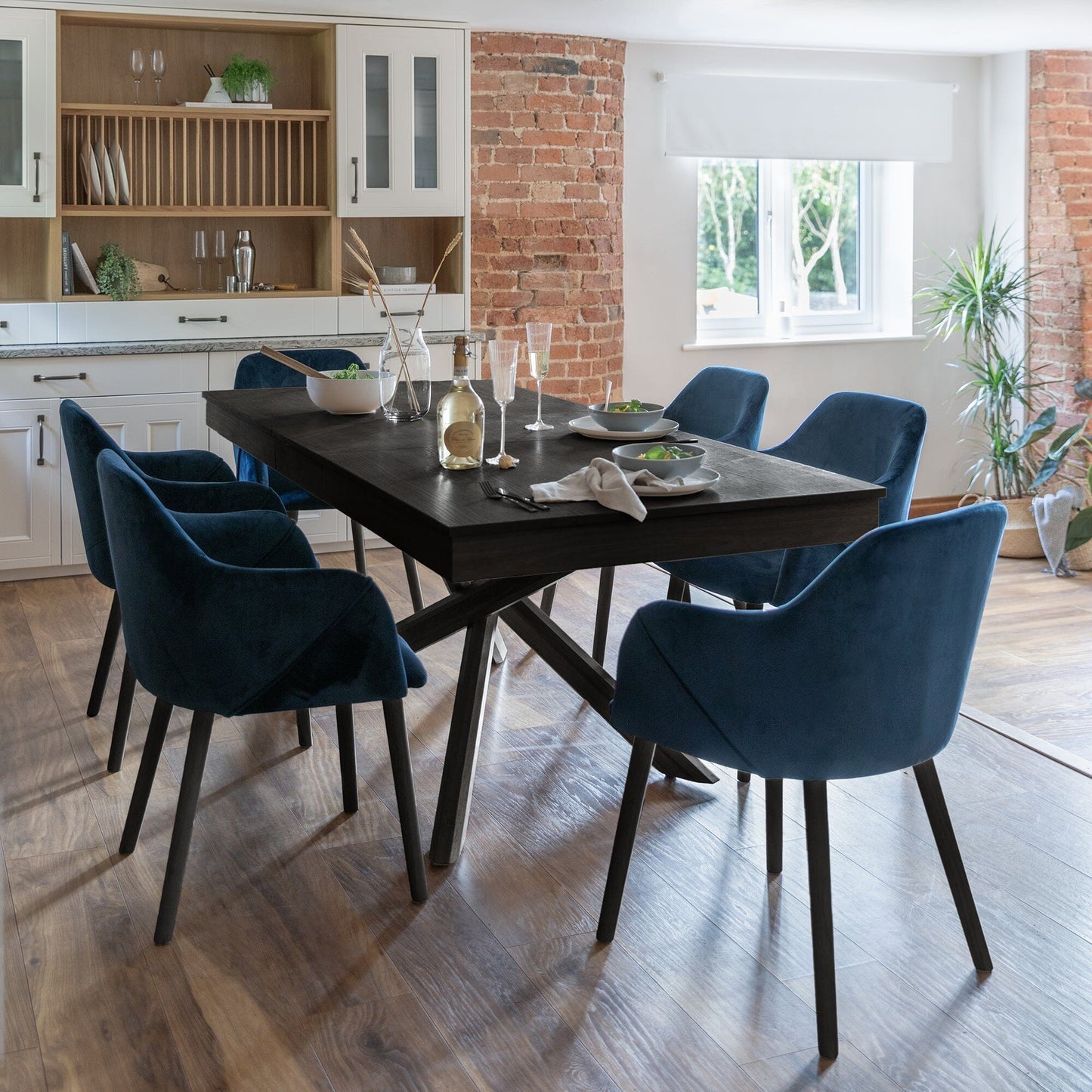 Amelia Black Extendable Dining Table Set - 6 Seater - Freya Blue Carver Chairs With Black Legs