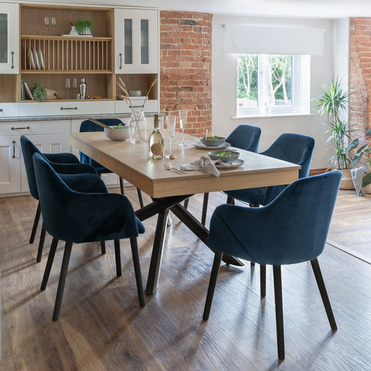 Amelia Whitewash Extendable Dining Table Set - 6 Seater - Freya Blue Carver Chairs With Black Legs - Laura James