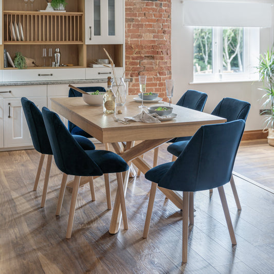 Amelia Whitewash Dining Table Set - 6 Seater - Freya Blue Dining Chairs