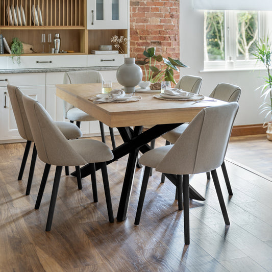 Amelia Whitewash Dining Table Set - 6 Seater - Freya Oatmeal Dining Chairs With Black Legs