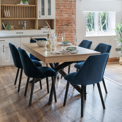 Amelia Whitewash Dining Table Set - 6 Seater - Freya Blue Dining Chairs With Black Legs