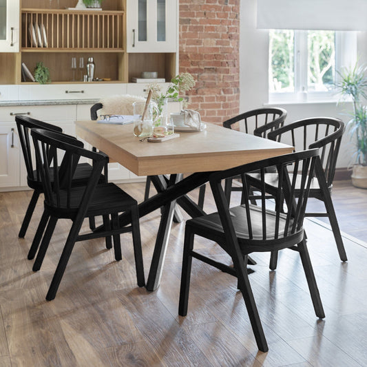 Amelia Whitewash Dining Table Set - 6 Seater - Black Spindle Back Chairs - Black Legs