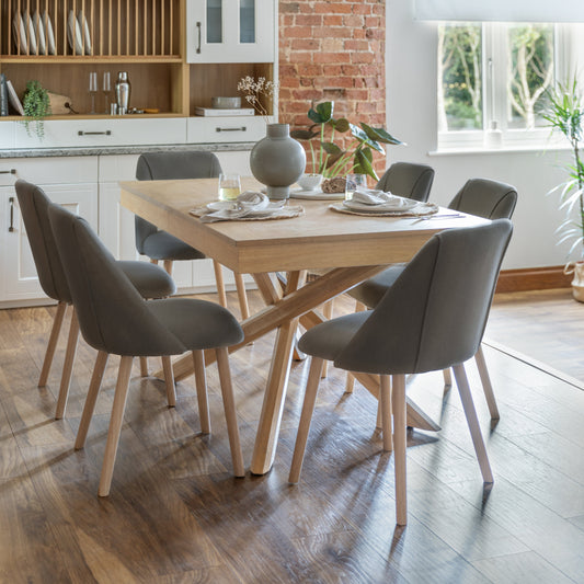 Amelia Whitewash Extendable Dining Table Set - 6 Seater - Freya Grey Dining Chairs With Pale Oak Legs