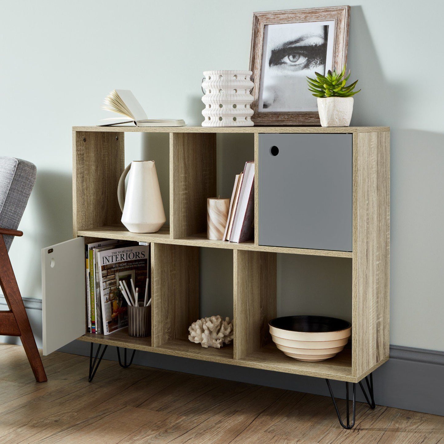 Anderson Oak Effect Mid Century Modern storage unit with grey cupboards - Laura James