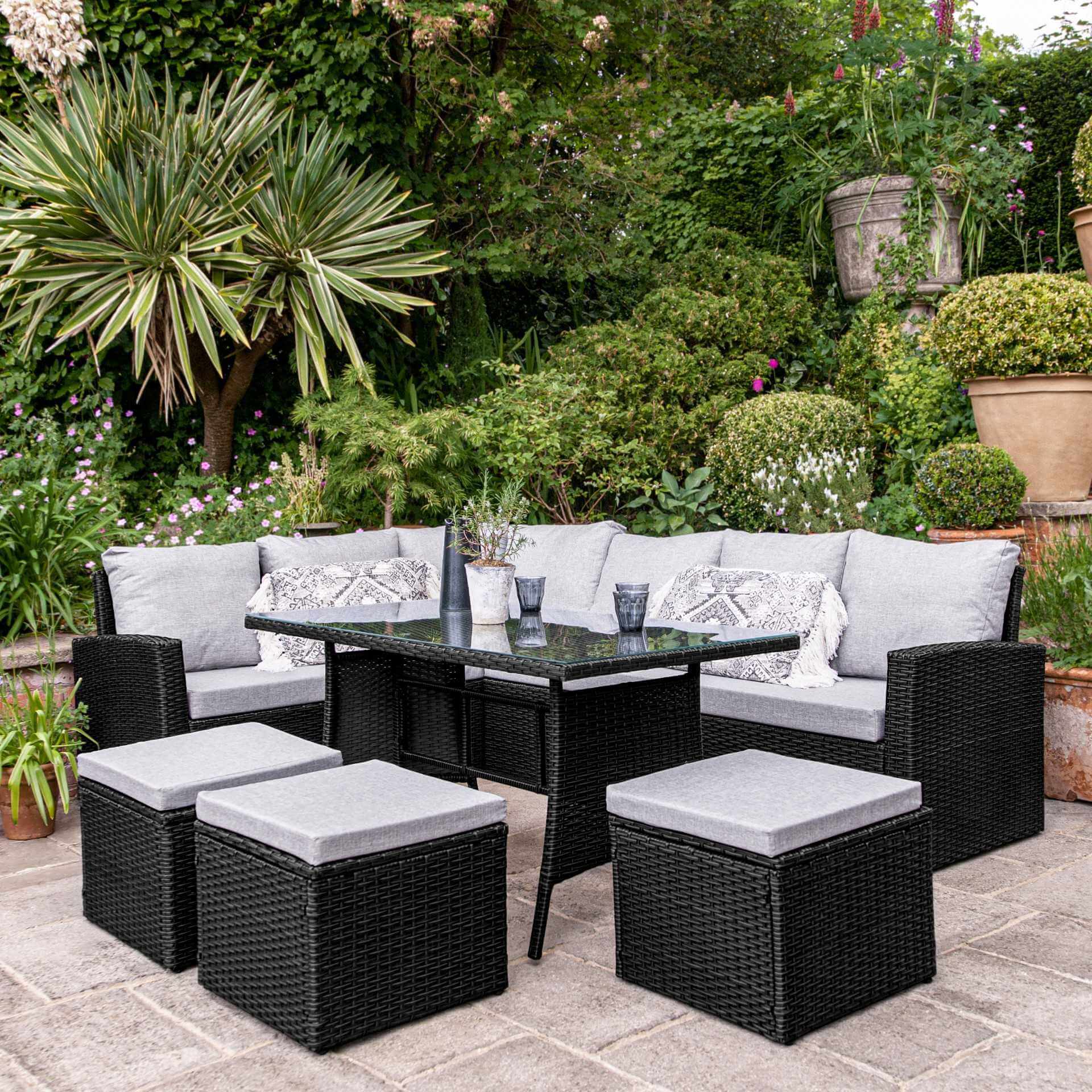 9 Seater Rattan Outdoor Corner Sofa Set with Lean Over Parasol and Base - Black Weave - Laura James