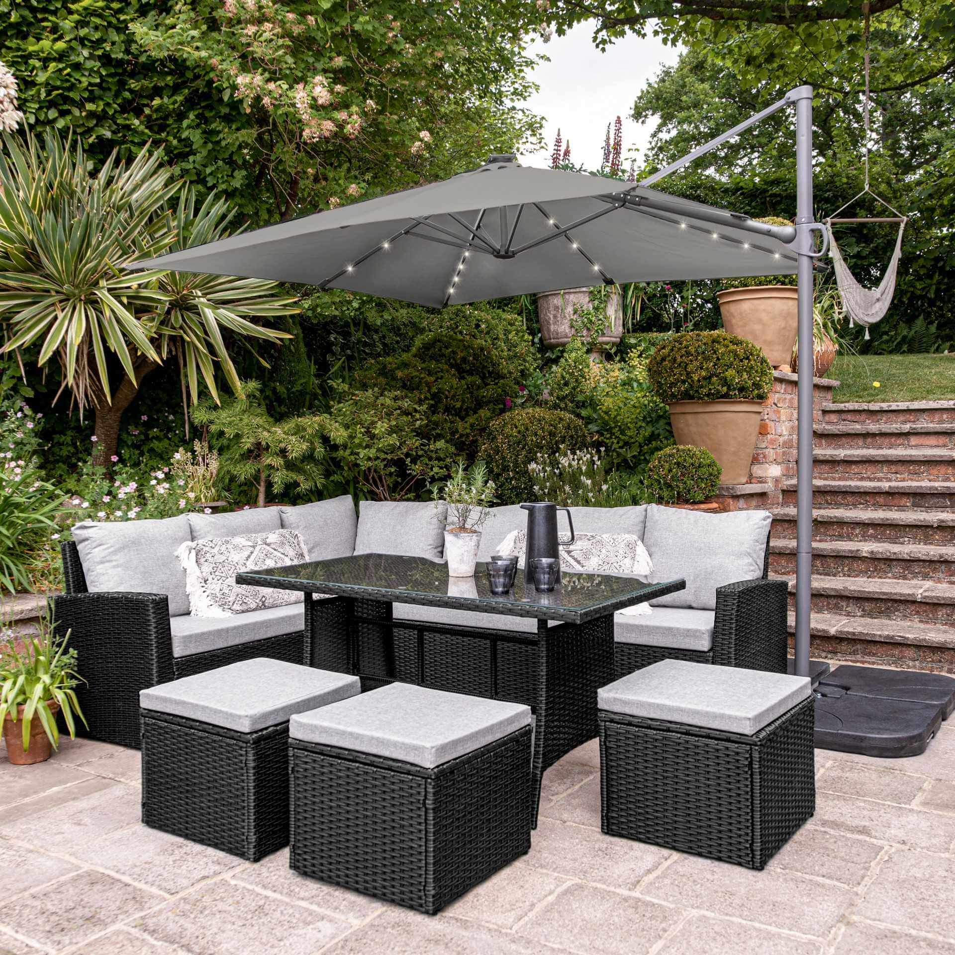 Aston Black Garden Corner Sofa with Umbrella - Laura James