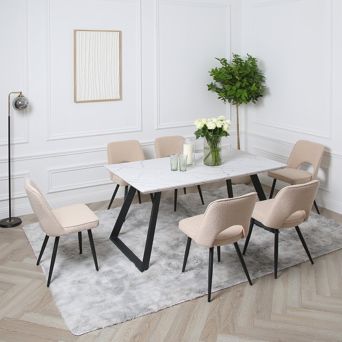 Atlas Marble and 6 Dolly Boucle Dining Chair