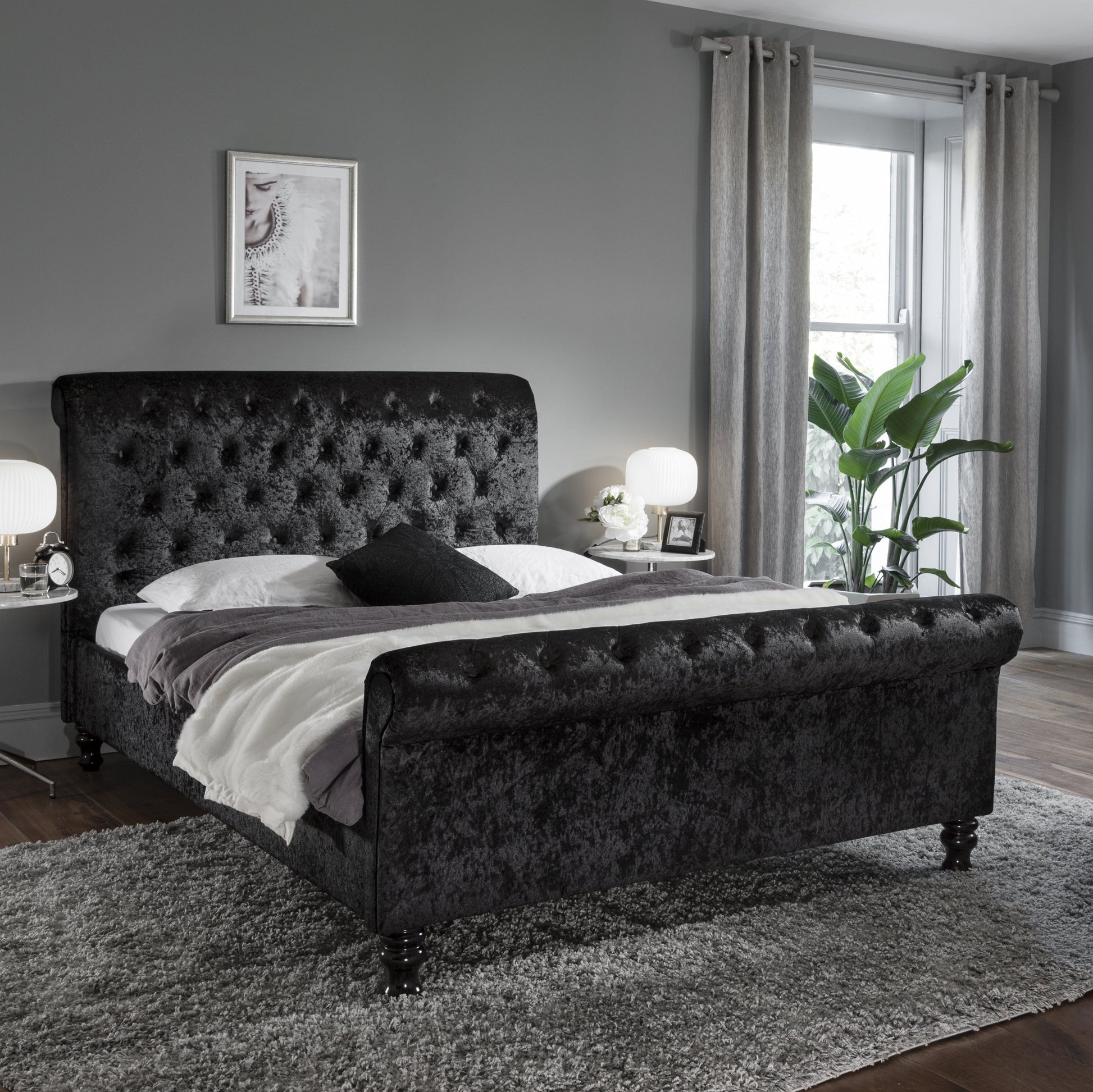 Black Crushed Velvet king size Sleigh Bed and mattress set - Laura James