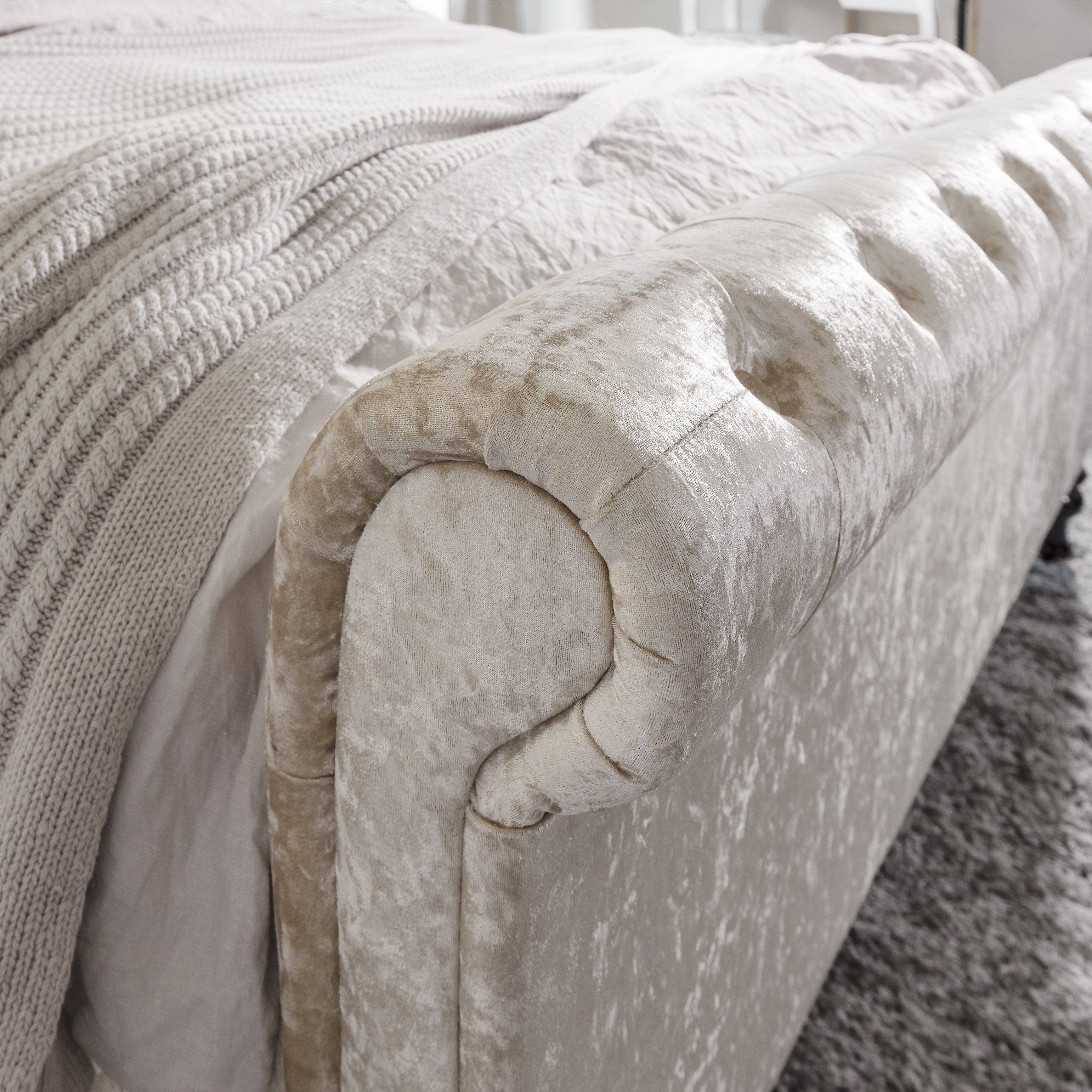 King Size Crushed Velvet Sleigh Bed Frame and Mattress Set Champagne