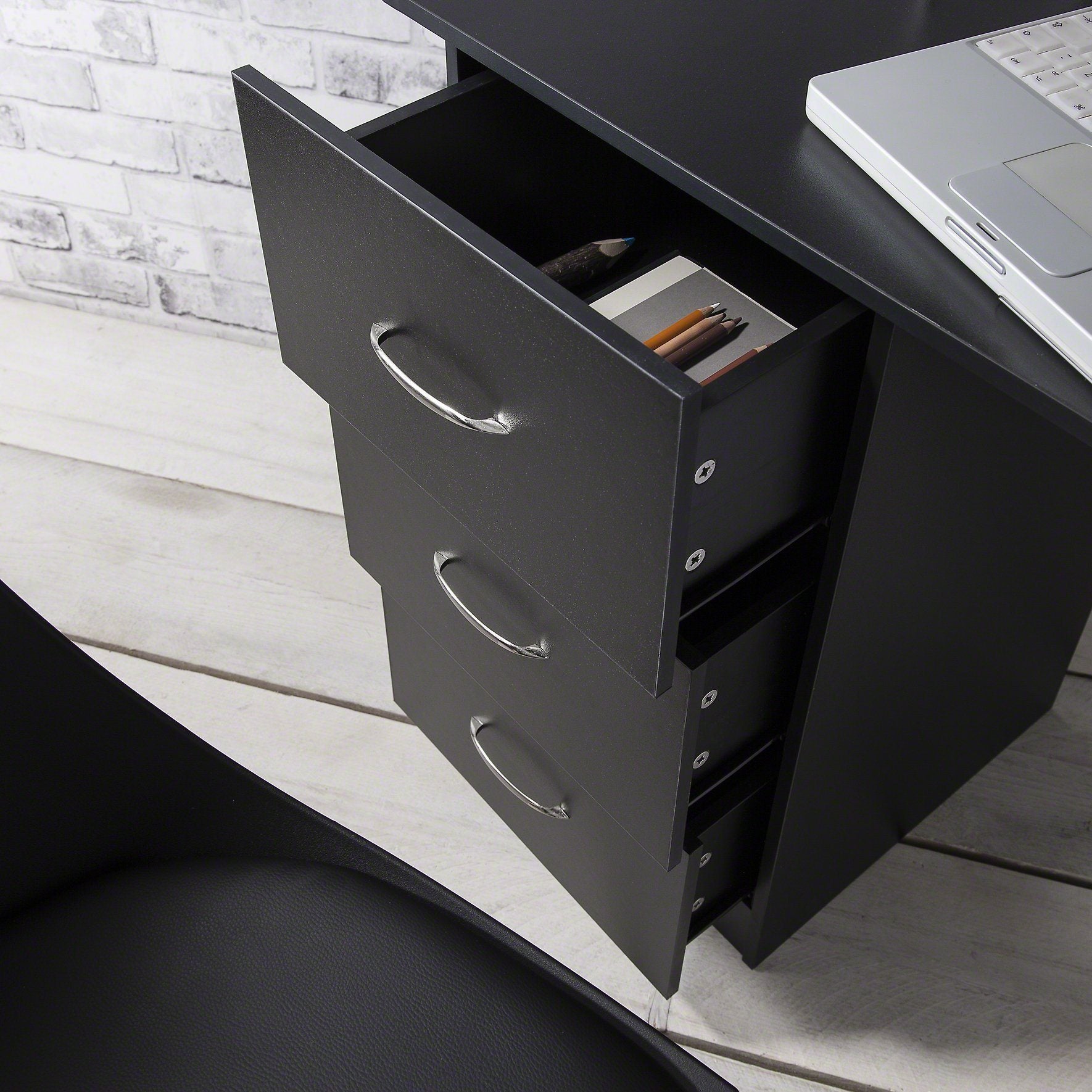 Black Computer Desk With 3 Drawers / 3 Shelves - Laura James