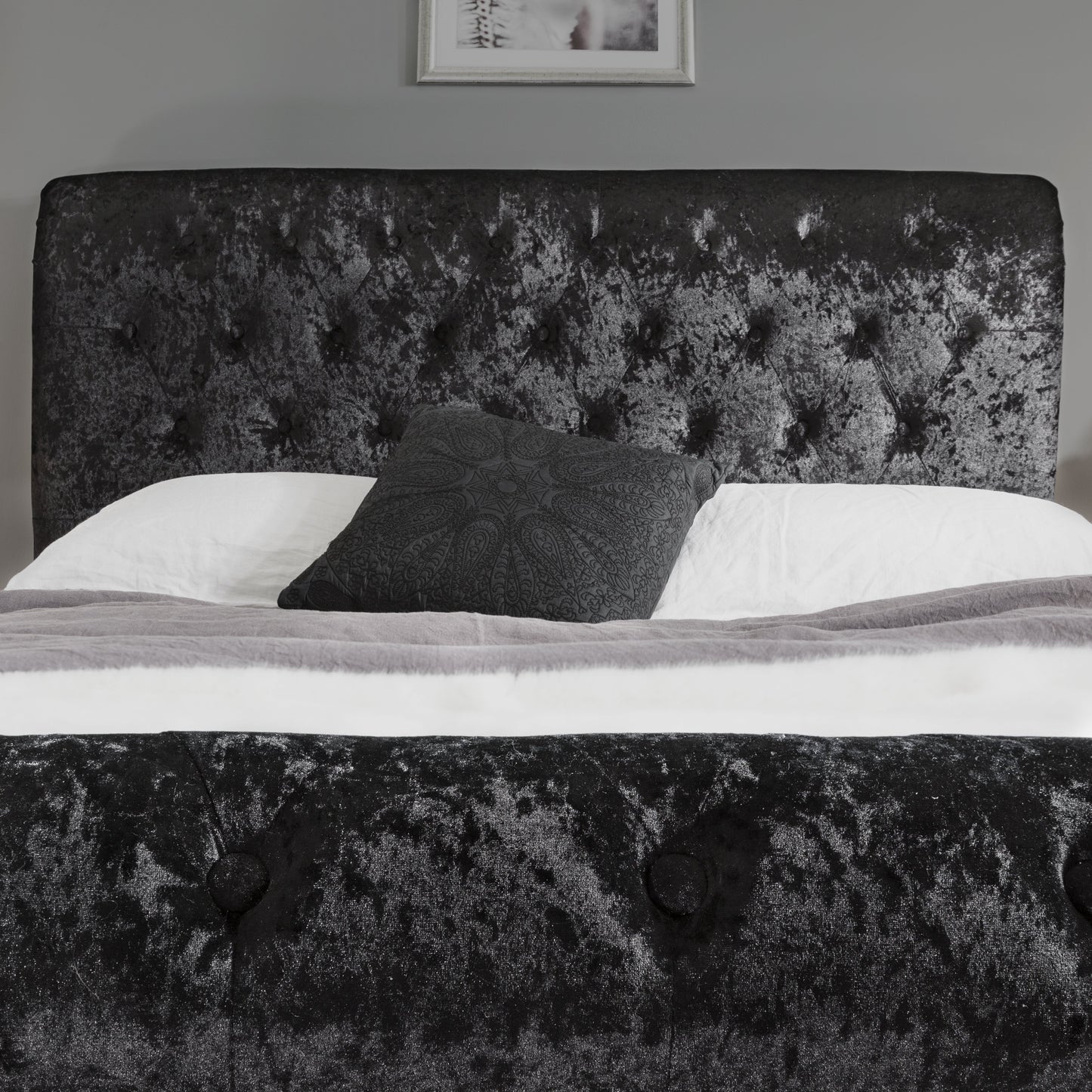 Black Crushed Velvet Sleigh Bed Frame King Size - Laura James