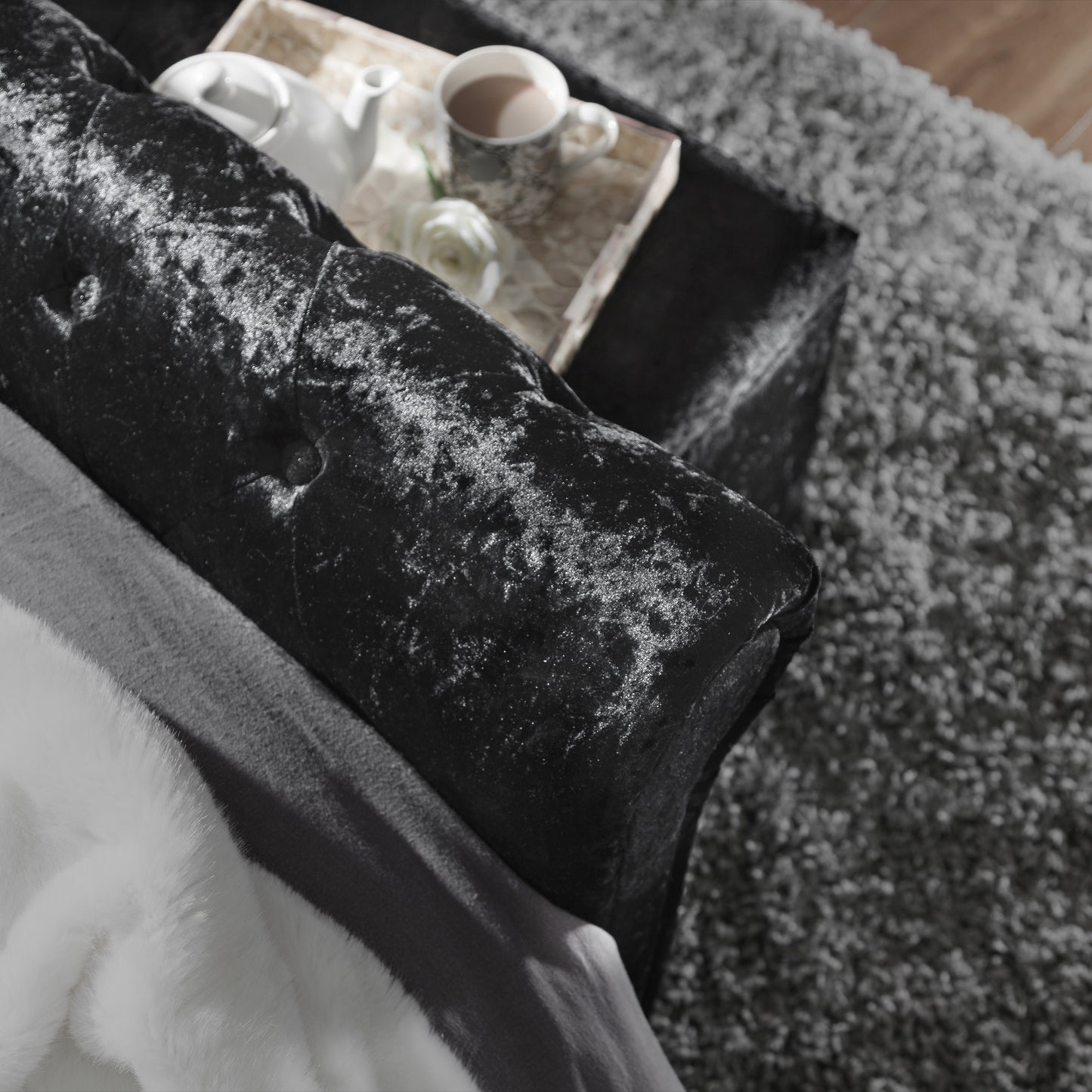 Black Crushed Velvet Sleigh Bed Frame King Size - Laura James