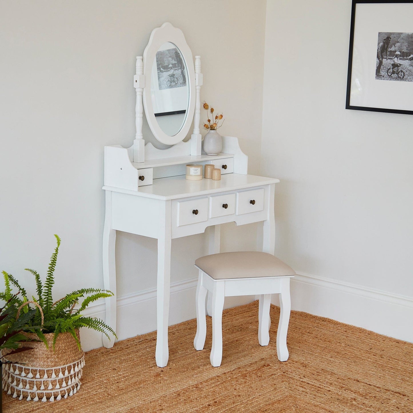Capri White Dressing Table, Stool & Mirror Set