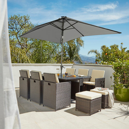 10 Seater Rattan Cube Outdoor Dining Set with Grey LED Premium Parasol  - Mixed Brown Polywood Top