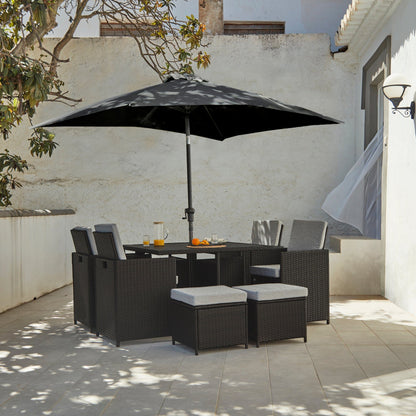 8 Seater Rattan Cube Outdoor Dining Set with Premium LED Grey Parasol - Black Weave Polywood Top - Laura James