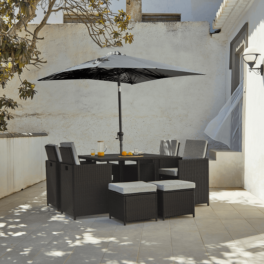 8 Seater Rattan Cube Outdoor Dining Set with Grey Parasol- Black Weave Polywood Top