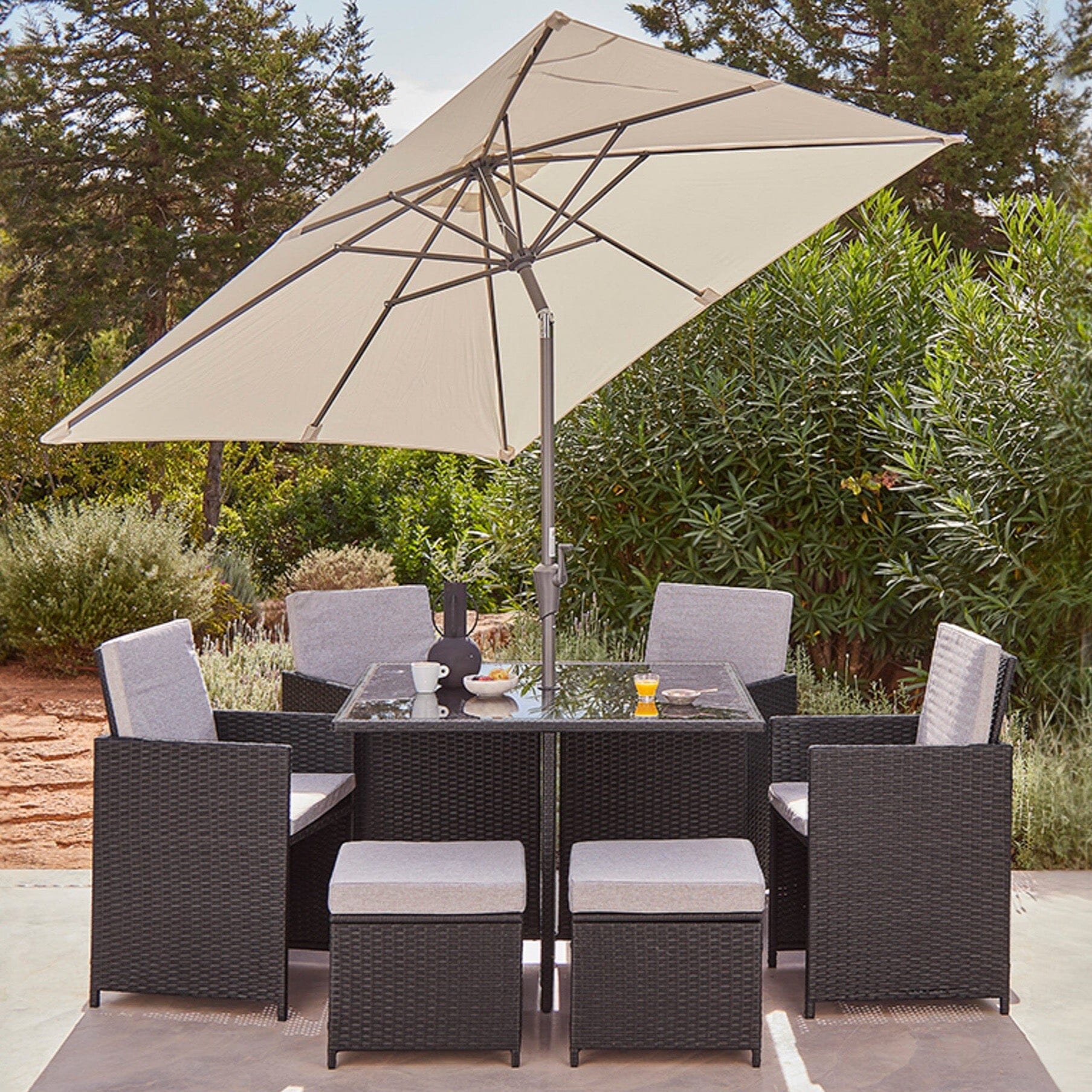 8 Seater Rattan Cube Outdoor Dining Set with Cream Parasol - Black Weave